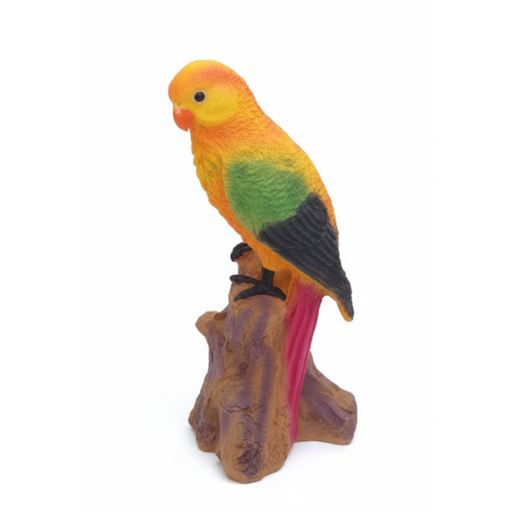 Colorful hand-painted resin parrot figurine perched on a tree stump base against a white background.