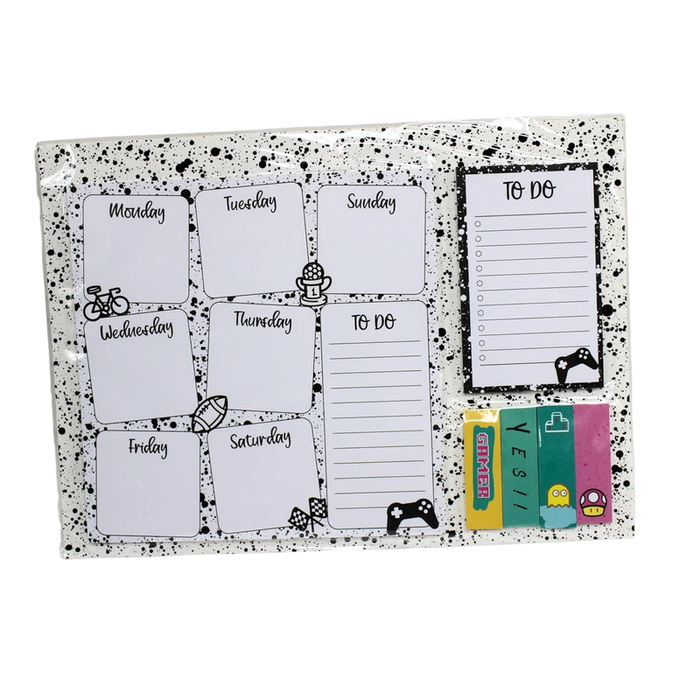 A desktop weekly planner set featuring a white background with black splatter patterns. The layout includes boxes for each day of the week, two to-do list sections with controller icons, and four colorful sticky note tabs with gaming-themed graphics