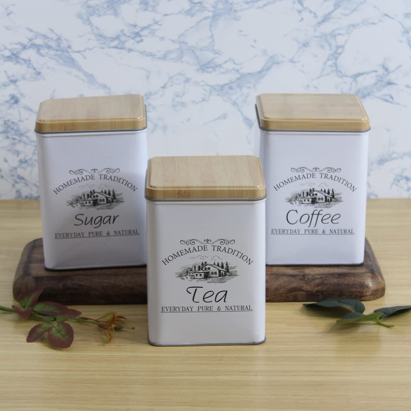 Vintage Style Kitchen Canister Set (Sugar, Tea, Coffee) with Wooden Lids