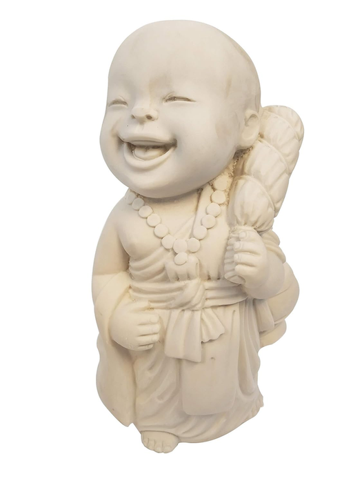 An off-white figurine of a laughing monk with a joyful expression, wearing prayer beads and robes, isolated on a white background.