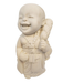 An off-white figurine of a laughing monk with a joyful expression, wearing prayer beads and robes, isolated on a white background.