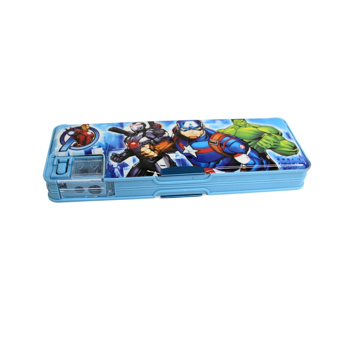 A blue rectangular magnetic pencil case featuring Avengers characters Captain America, Hulk, Iron Man, and War Machine. A clear dual-pencil sharpener is built into the left corner.