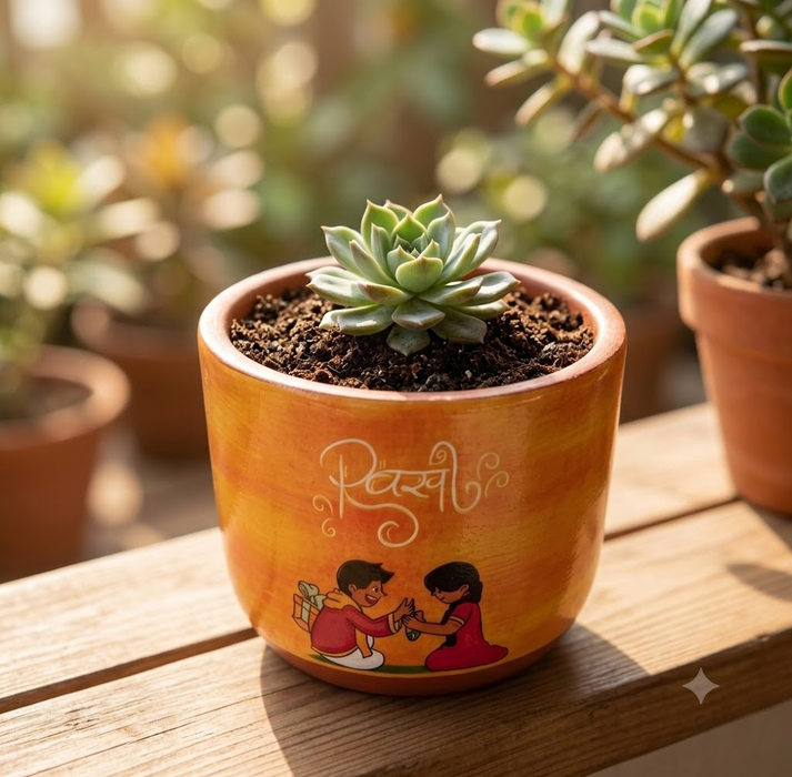 Handcrafted terracotta succulent pot with hand-painted festive Rakhi sibling artwork