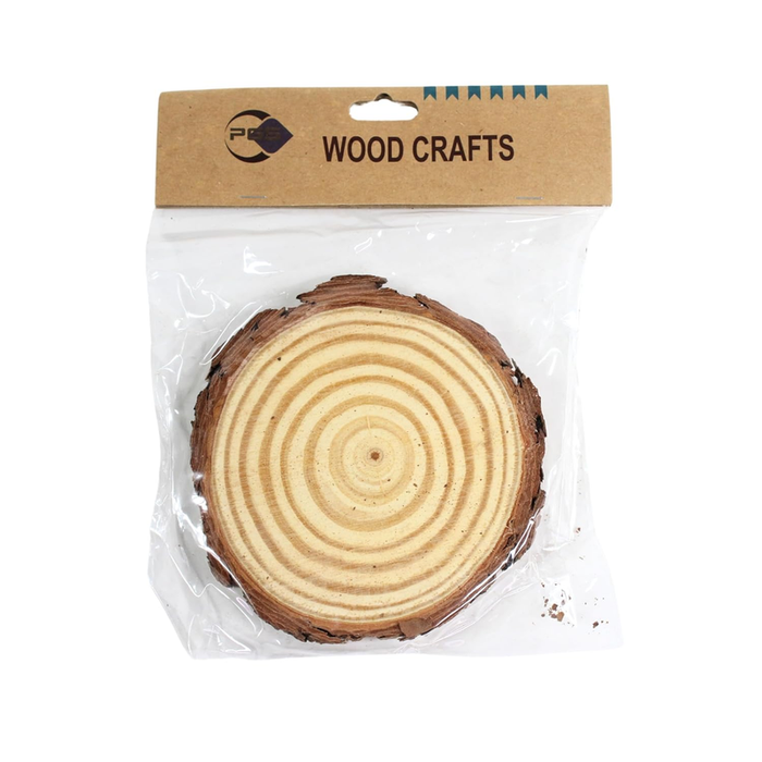 A large, circular unfinished natural wood slice with prominent concentric growth rings and a dark, textured bark edge, displayed in clear plastic packaging with a brown "WOOD CRAFTS" brand label.