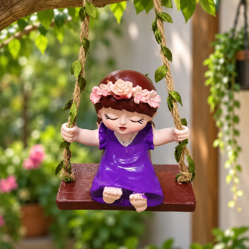Cute Girl on Swing Resin Figurine with Flower Crown and Ivy Ropes – Hanging Garden & Home Decor Ornament
