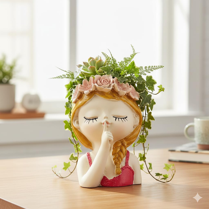 A decorative head-shaped planter of a girl with closed eyes and a "shhh" finger gesture, wearing a pink flower crown and holding green plants as hair, sitting on a wooden table.