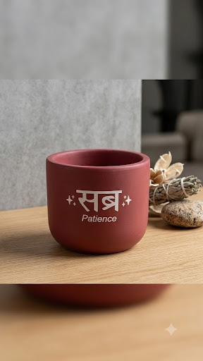 Terracotta succulent pot with Hindi calligraphy text "Sabr" meaning patience and stars,