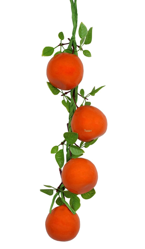 Hanging artificial orange fruit garland with four realistic oranges and green leaves on a woven green rope, isolated on a white background.