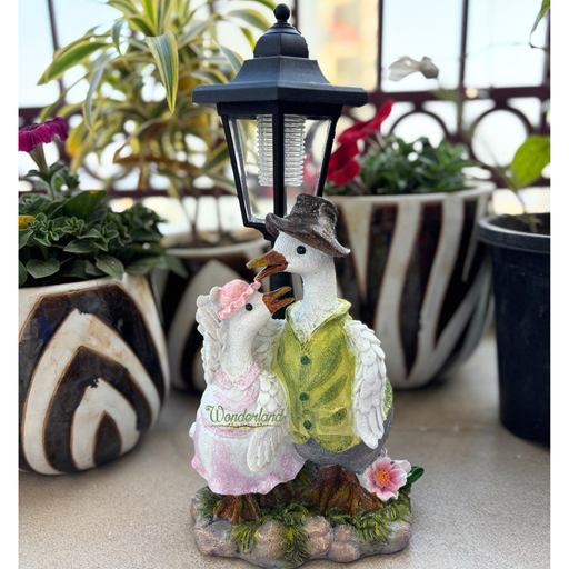 Hand-painted resin duck couple figurine wearing vintage clothes standing under a solar-powered LED street lamp in a green grass garden.