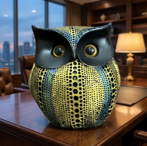 A decorative ceramic owl sculpture with a black face and a yellow and green polka-dot patterned body, sitting on a wooden desk in an office.