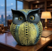 A decorative ceramic owl sculpture with a black face and a yellow and green polka-dot patterned body, sitting on a wooden desk in an office.