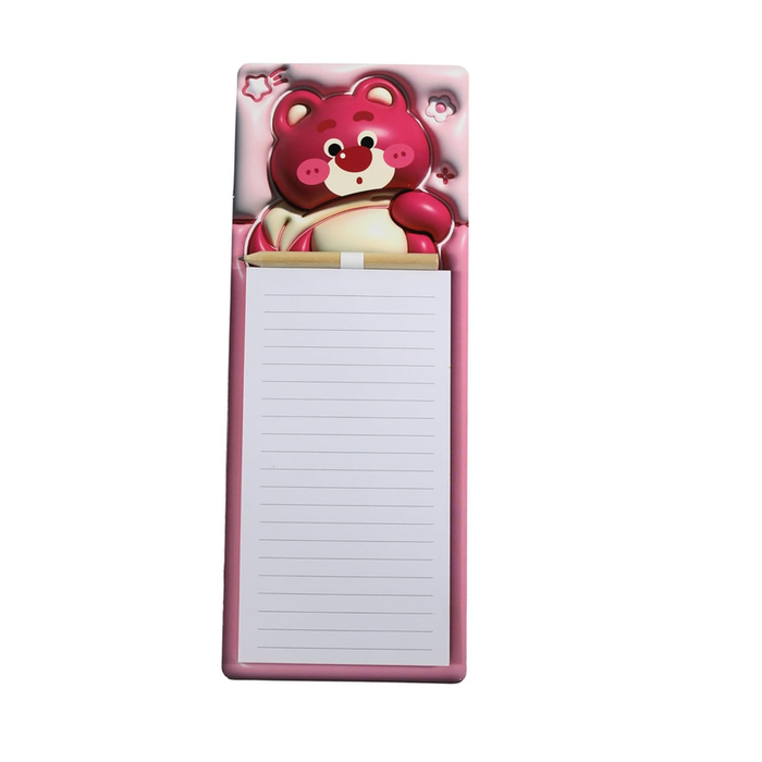 A vertical pink notepad with a cute 3D-style illustration of a reddish-pink teddy bear at the top. The notepad has white lined paper and a solid pink frame.