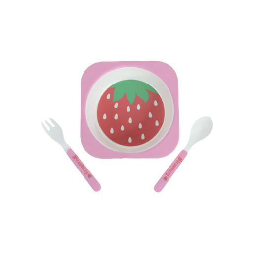 A 3-piece kids' dinnerware set featuring a pink square plate with a strawberry design in the center, flanked by a matching pink-handled spoon and fork labeled "Strawberry."