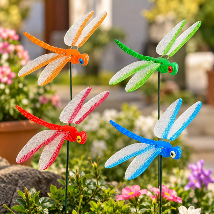 Set of 4 colorful dragonfly garden sticks in orange, green, red and blue for outdoor garden decoration