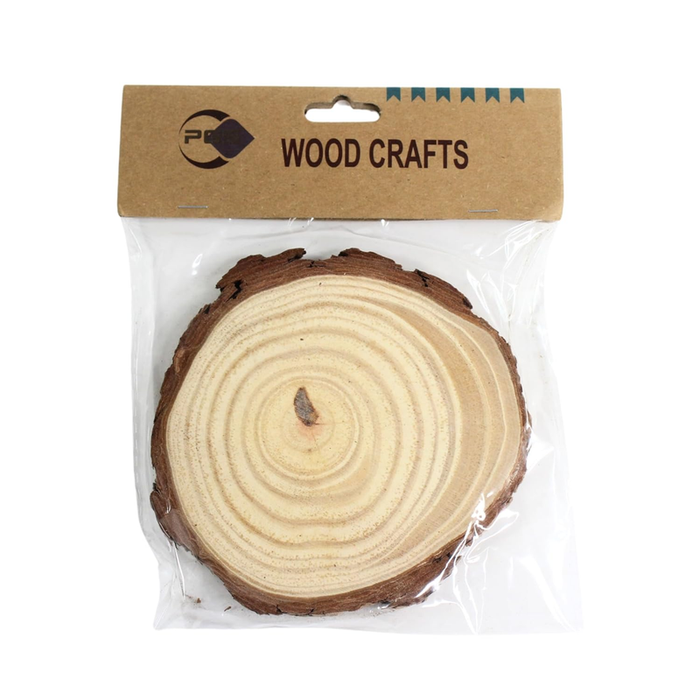 An elongated rectangular unfinished natural wood slice with visible grain and dark, textured bark edges on the sides, displayed in clear plastic packaging with a "WOOD CRAFTS" header.