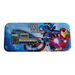 A blue metal pencil box for kids featuring Captain America and Iron Man from Civil War. A transparent window on the left side reveals an integrated pencil sharpener, a small ruler, and an eraser.
