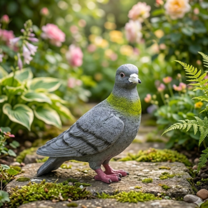 A grey and green toy pigeon decoy model