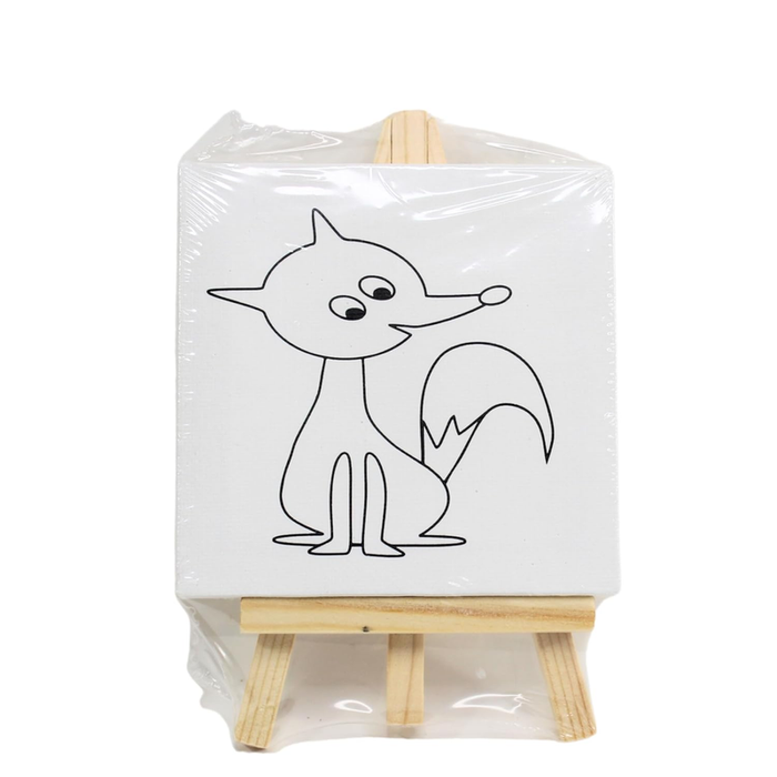 A small square canvas featuring a line-art drawing of a fox sitting on a light-colored wooden display easel, packaged in clear plastic.