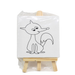 A small square canvas featuring a line-art drawing of a fox sitting on a light-colored wooden display easel, packaged in clear plastic.