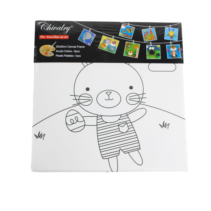 A Chivalry brand DIY painting kit featuring a 20x20cm canvas with a line-art drawing of a cute bunny, packaged with 5 acrylic paint pods and a plastic palette.
