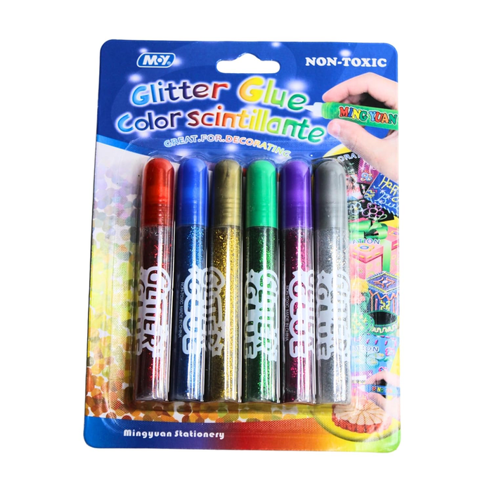A pack of 6 glitter glue pens in a clear plastic blister pack. The colors include red, blue, gold, green, purple, and silver glitter gel. The packaging features a blue background and the words "Glitter Glue Color Scintillante."