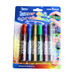 A pack of 6 glitter glue pens in a clear plastic blister pack. The colors include red, blue, gold, green, purple, and silver glitter gel. The packaging features a blue background and the words "Glitter Glue Color Scintillante."