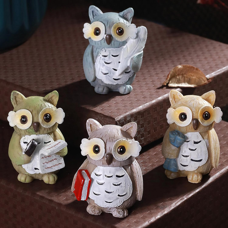 Set of 4 Miniature Owl Figurine Showpiece Statues
