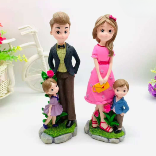 Set of two hand-painted family figurines featuring a father and daughter on one base and a mother and son on the other, styled in colorful modern outfits with a grassy stone base.