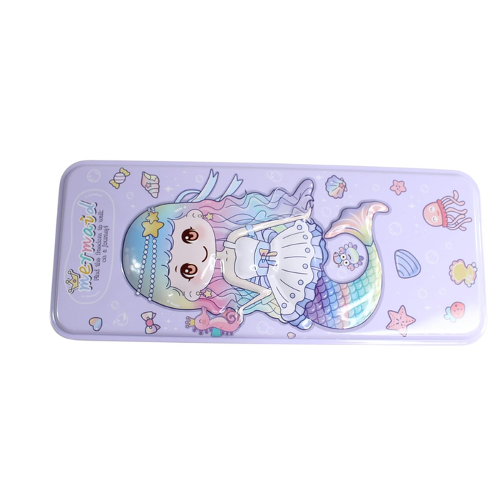 A pastel purple rectangular metal pencil case featuring a 3D embossed mermaid with rainbow hair, surrounded by sea-themed illustrations like starfish, shells, and a seahorse.