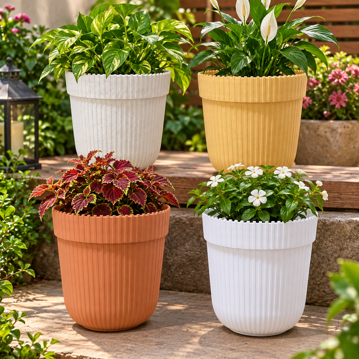 Set of 4 10 inch ribbed planters in marble white, beige, terracotta and white