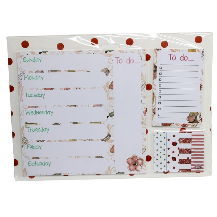 A weekly planner set with a red polka dot background. Features a weekly planning pad with horizontal day slots and bakery illustrations, a separate to-do list notepad with a kitchen mixer icon, and four decorative sticky tabs with strawberry and macaron design