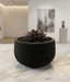 Matte black textured terracotta planter pot holding a small dark succulent on a marble surface.