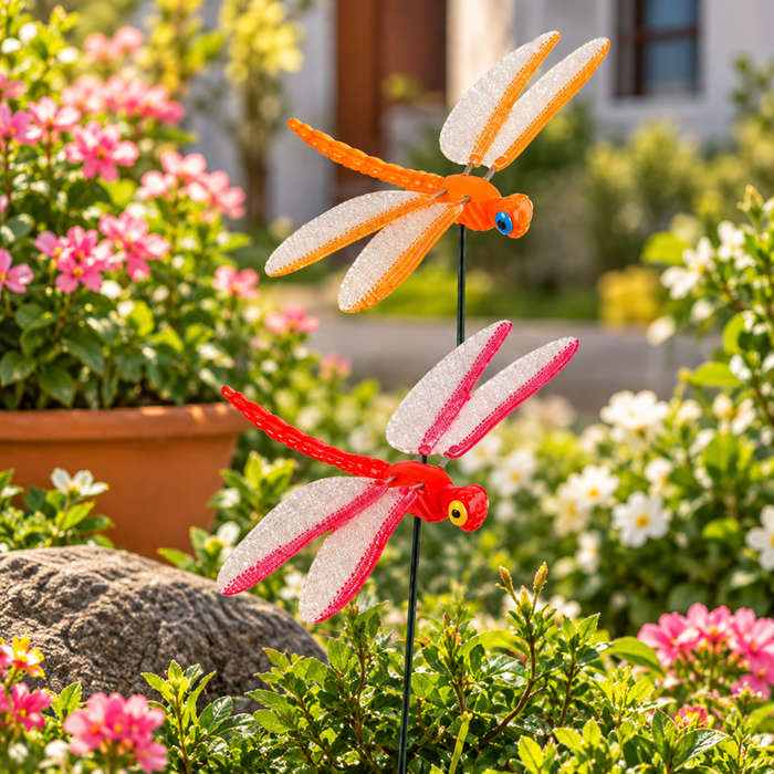 Set of 2 colorful  dragonfly garden stakes decorative outdoor garden sticks