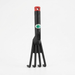 A black plastic hand garden rake with a red top and hanging hole standing upright