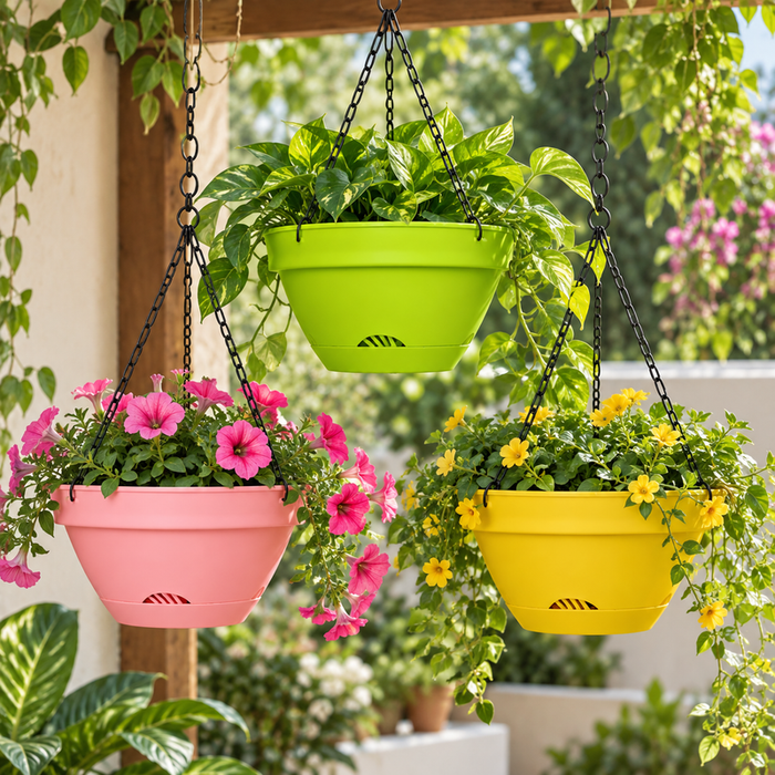 5.5 inch colorful plastic hanging planter pot with metal chain for balcony and garden
