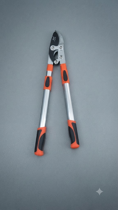 A pair of heavy-duty extendable bypass garden loppers with silver metal handles and orange and black ergonomic grips