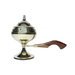 A polished golden brass incense burner with a pedestal base, a ventilated dome lid, and a long, curved dark wooden handle for safe carrying.