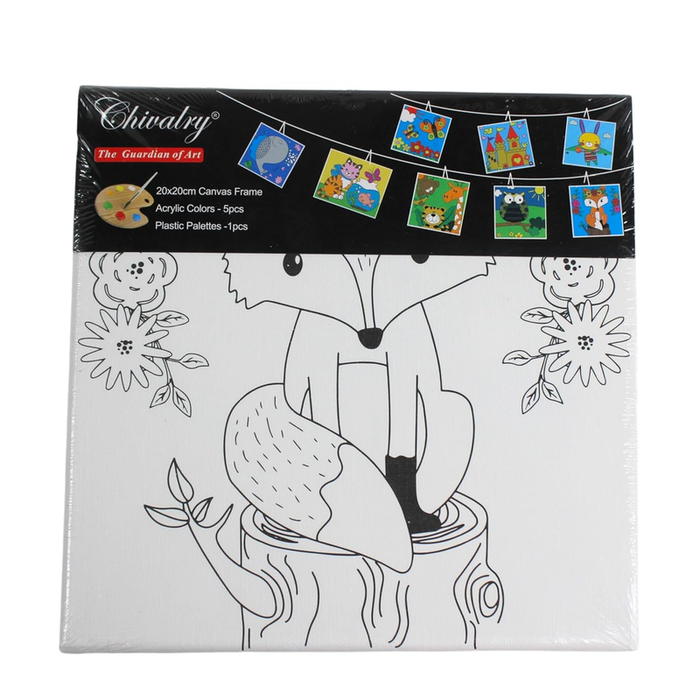 A Chivalry brand DIY painting kit featuring a 20x20cm canvas with a line-art drawing of a fox, packaged with 5 acrylic paint pods and a plastic palette.