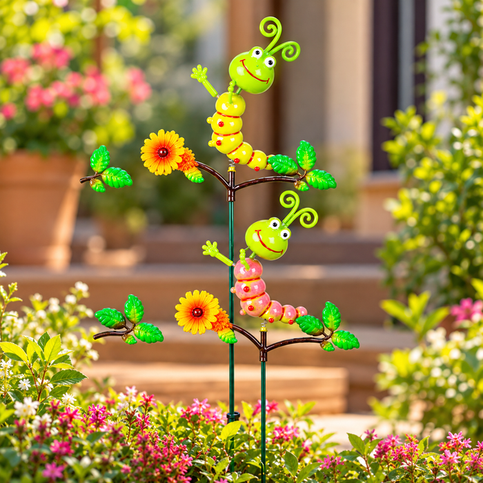 Set of 2 colorful caterpillar garden sticks with flowers and green leaves