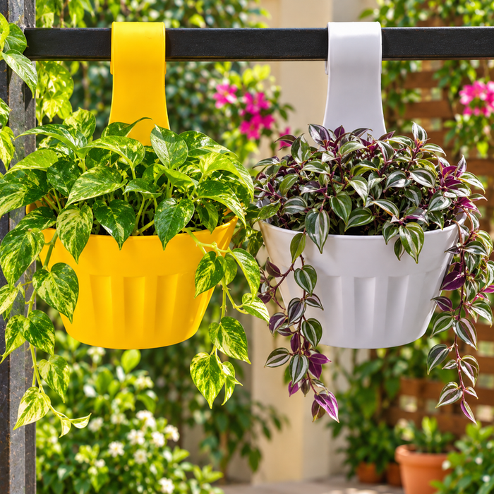 13.5 inch plastic hanging planter pot in yellow and white for balcony and garden plants