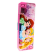 A pink rectangular pencil case standing vertically, featuring a glossy print of three fairy tale princesses in front of a castle. A clear dual-pencil sharpener is built into the top corner.