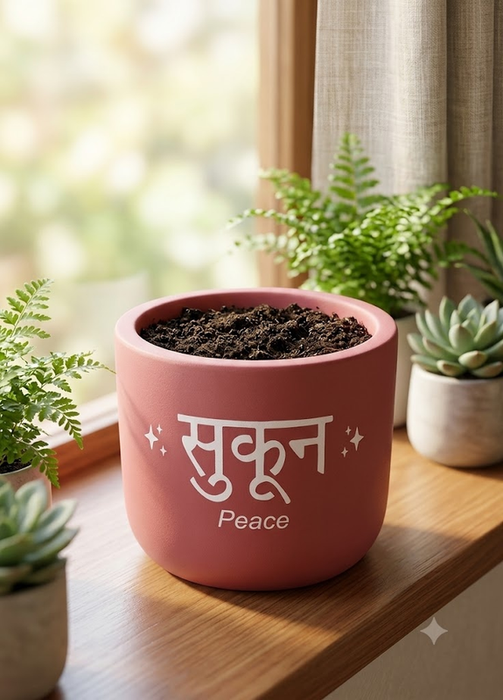 Pink terracotta planter pot featuring the word Sukoon and Peace in white text, sitting on a wooden windowsill with indoor plants.
