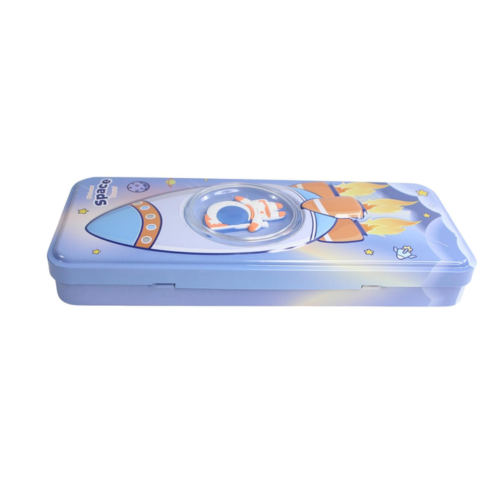 A blue metal pencil box for kids featuring a printed rocket ship and a unique circular liquid-filled window in the center with a small floating astronaut figure.