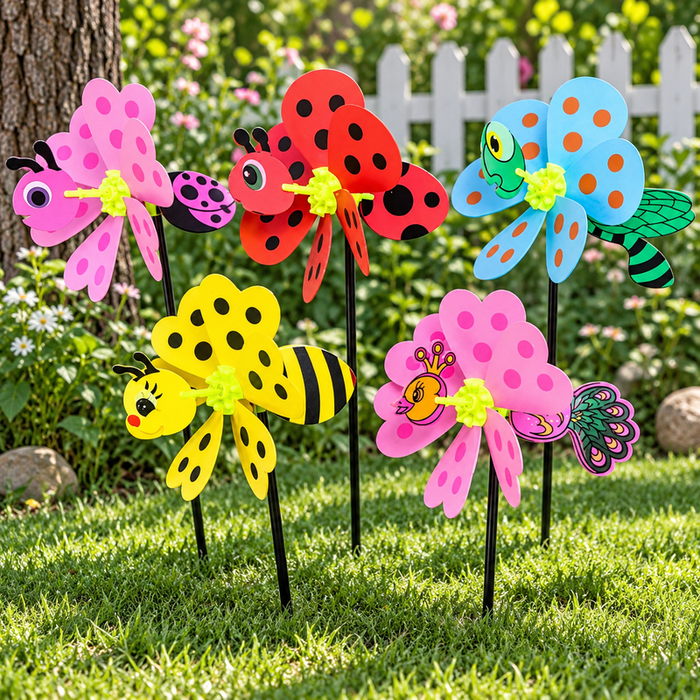 Five colorful insect-shaped pinwheels including a butterfly, ladybug, dragonfly, bee, and peacock staked in a green lawn