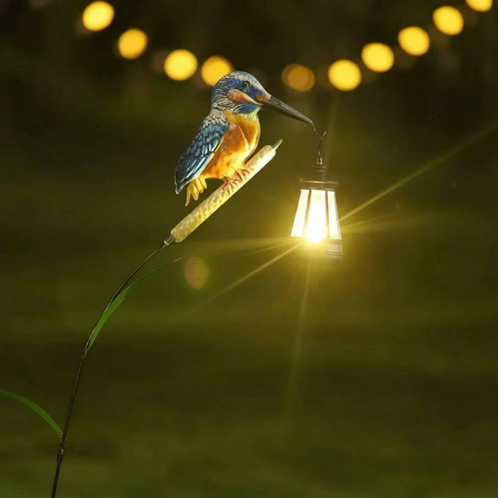 Kingfisher bird garden stick with glowing solar lantern outdoor garden decoration
