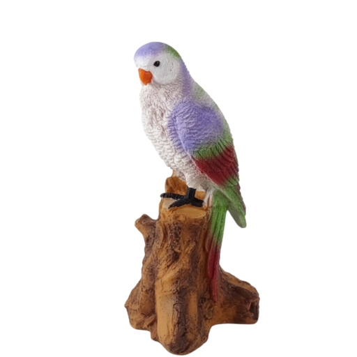 Hand-painted resin parrot figurine with purple, green, and red feathers perched on a realistic brown tree stump