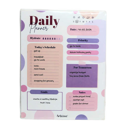 A daily planner notepad titled "Daily Planner" with a purple and pink polka dot design. It features sections for hydration tracking, a daily schedule, priority tasks, goals, notes, and a "For Tomorrow" reminder box.