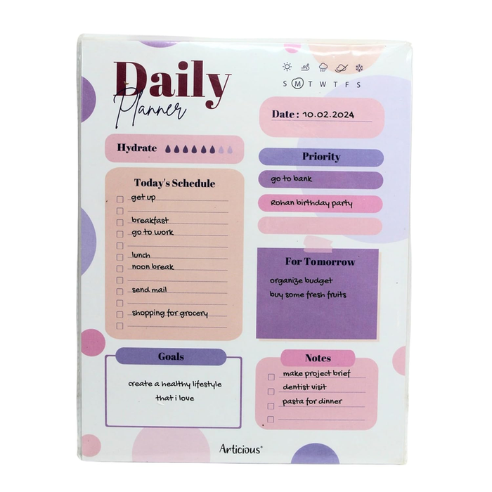 A daily planner notepad titled "Daily Planner" with a purple and pink polka dot design. It features sections for hydration tracking, a daily schedule, priority tasks, goals, notes, and a "For Tomorrow" reminder box.