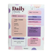 A daily planner notepad titled "Daily Planner" with a purple and pink polka dot design. It features sections for hydration tracking, a daily schedule, priority tasks, goals, notes, and a "For Tomorrow" reminder box.