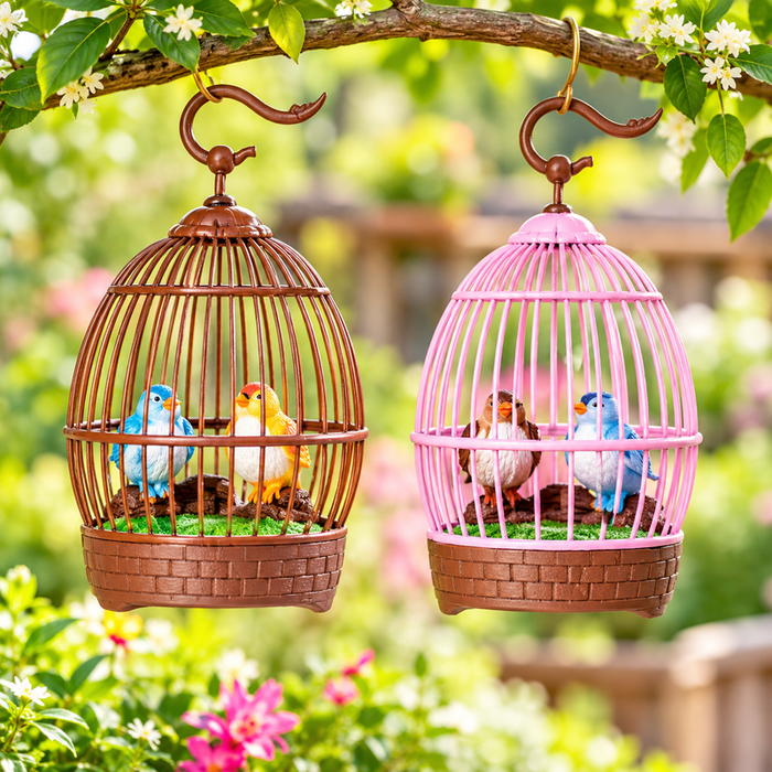 Set of 2 singing bird garden sticks with colorful bird cage designs for outdoor decor